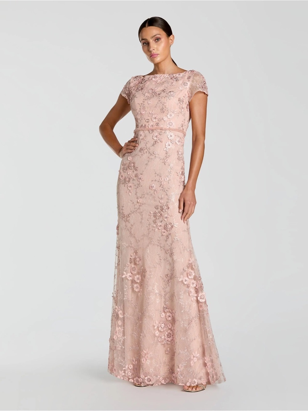 Mac Duggal 67711 Pink Floral Applique Boat Neck Cap Sleeve Gown Size 8 NWT